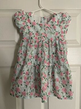SweetHoney Size 12 Months Pink Rose Floral Tiered Dress on Light Blue
